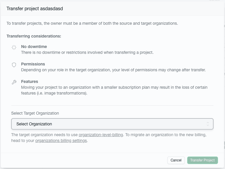 Project Transfer: Confirmation Modal
