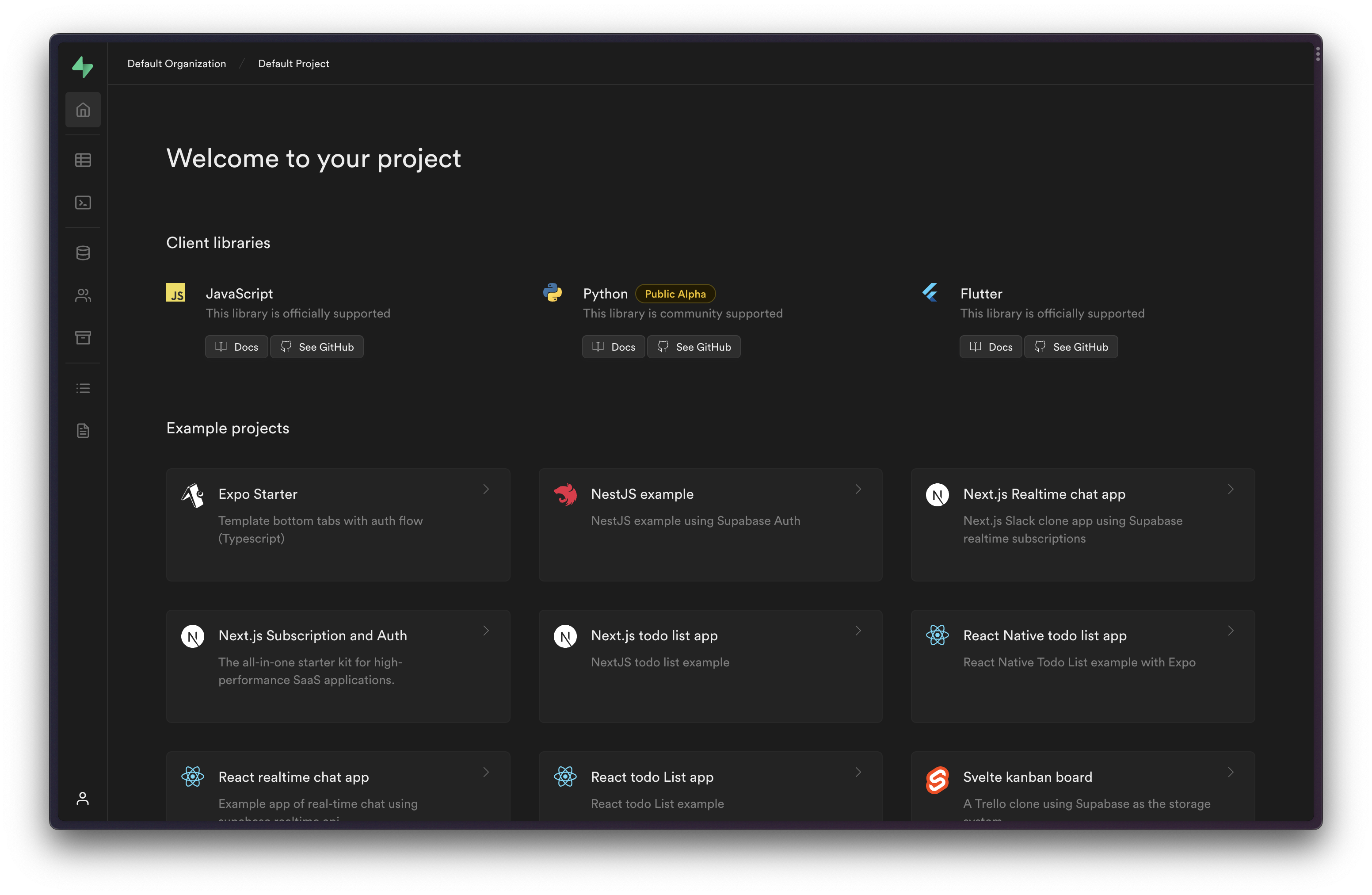 Local Supabase Studio showing the Default Project home page, with a sidebar of section icons, a Client libraries row for JavaScript, Python, and Flutter, and a grid of example project cards.